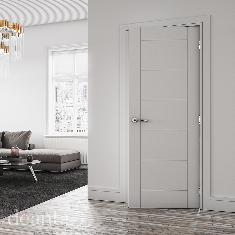 Deanta Seville white primed FD60 fire door in a bright interior