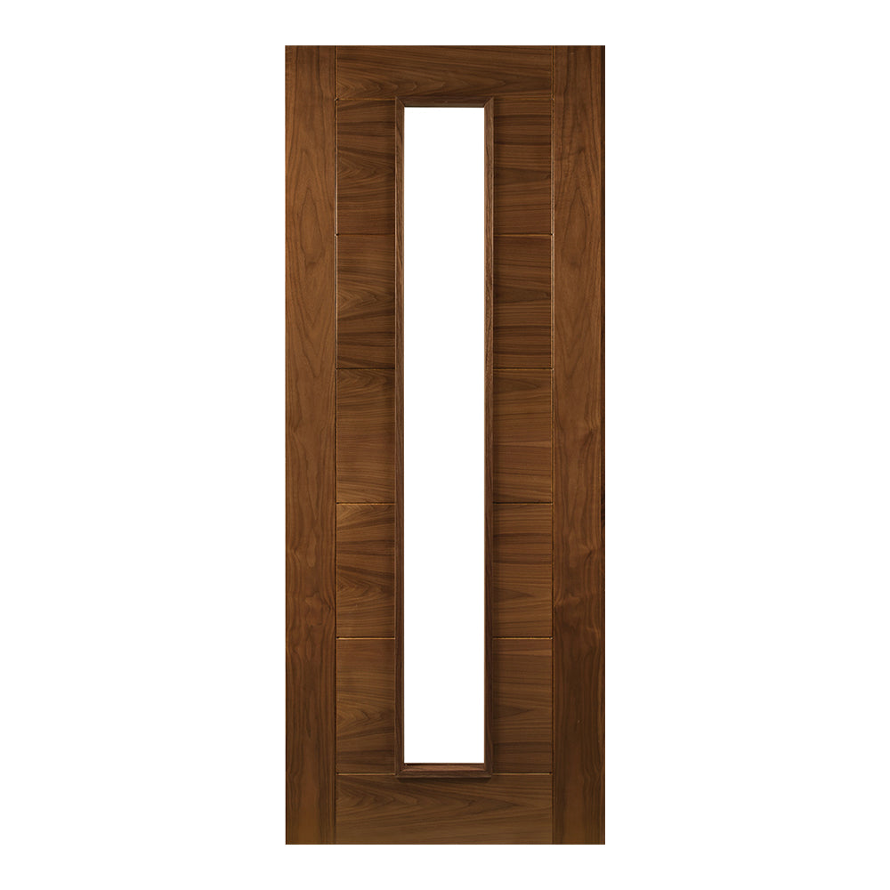 Product walnut Seville clear glazed internal door with full-length centre glass panel