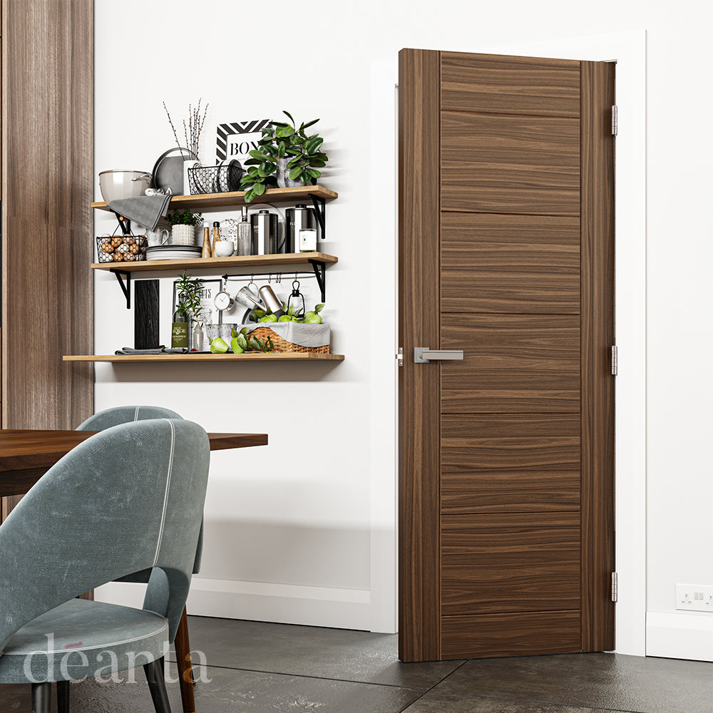 Lifestyle walnut Seville solid internal door with horizontal panels in a dining area