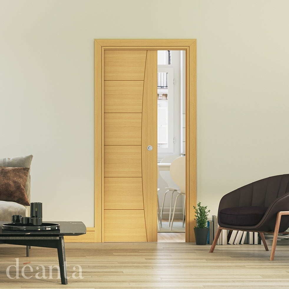 Product single pocket door kit with handle and oak doorjamb frame
