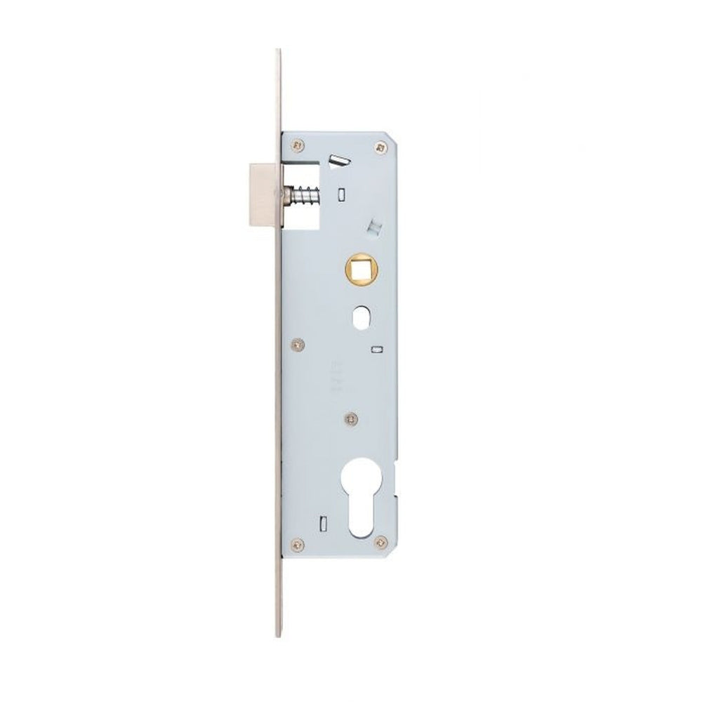 Product satin nickel slim euro profile sash lock case on white background