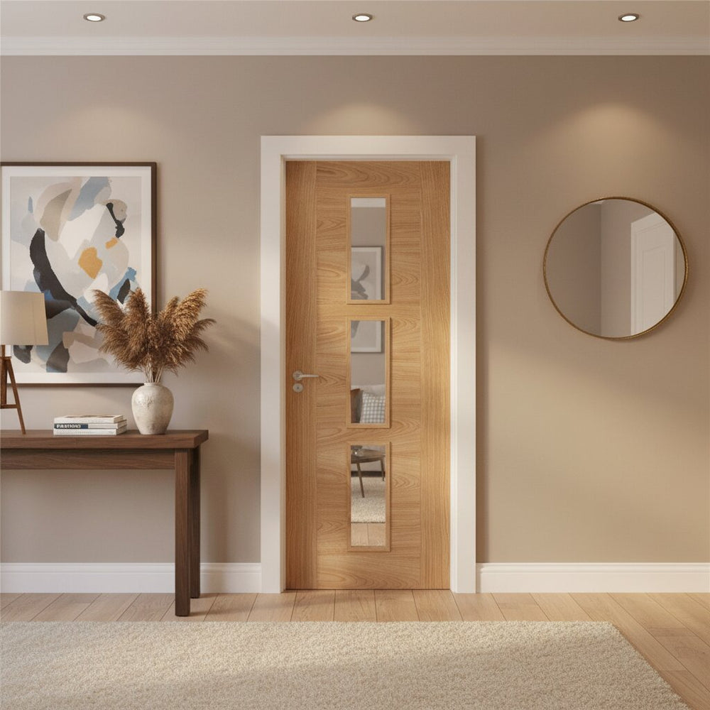 Lifestyle Sofia prefinished oak three-light glazed internal door in a modern hallway
