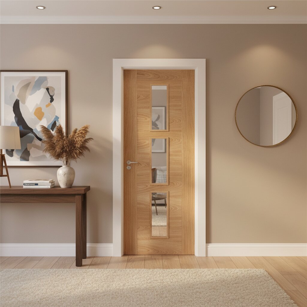 Lifestyle Sofia prefinished oak three-light glazed internal door in a modern hallway