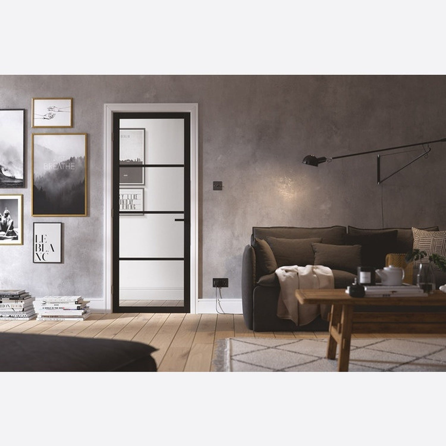Lifestyle Soho black four-light glazed internal door installed in a room