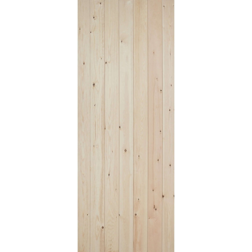 Lifestyle solid pine three-ledge V-groove internal door in a natural wood interior