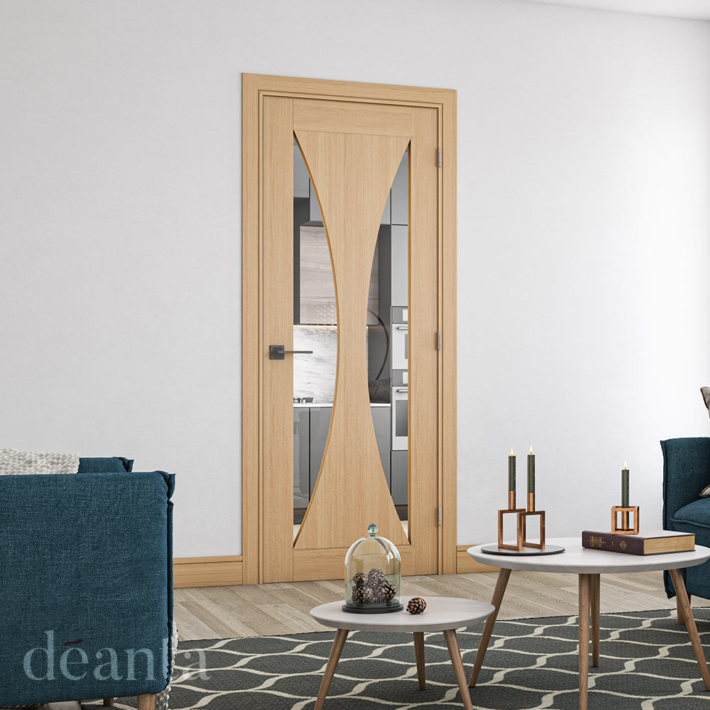 Lifestyle oak Sorrento clear glazed internal door in a bright room with neutral walls