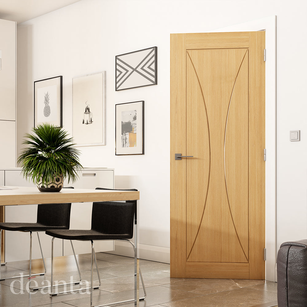 Lifestyle oak Sorrento solid internal door in a light interior with natural wood tones