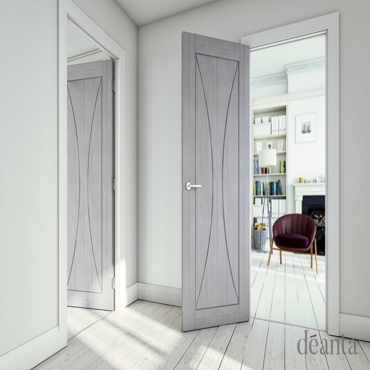 Sorrento Prefinished Light Grey Ash Fire Door - Lifestyle Image 2