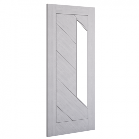 Product Torino light grey ash glazed internal door with vertical glass panel, angled view