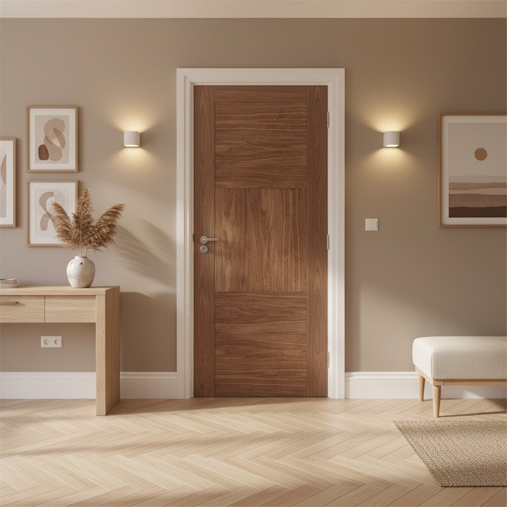 Lifestyle Tres prefinished walnut internal fire door installed in a neutral room