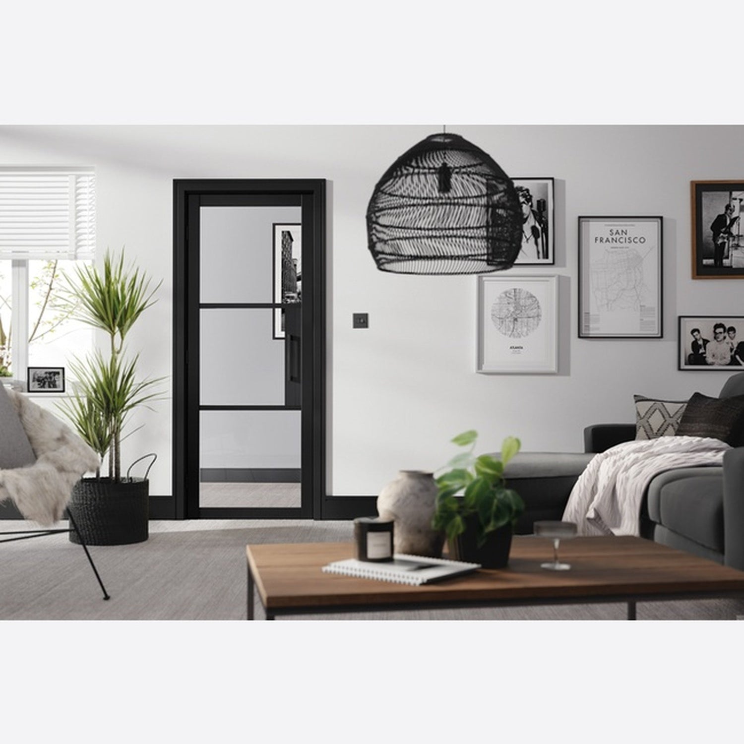 Tribeca Clear Glazed Black Primed Internal Door - Lifestyle Image 1