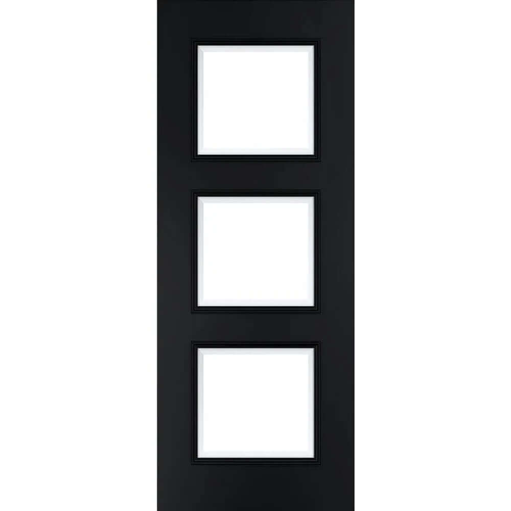 Product Trinity black prefinished bevelled glazed internal door with three glass panels, front view