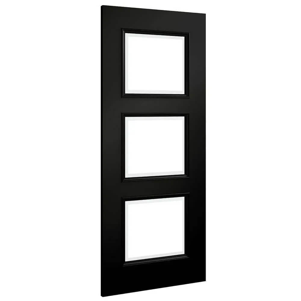 Black door with three square glass panels on a white background