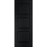 Black door with three square panels on a white background
