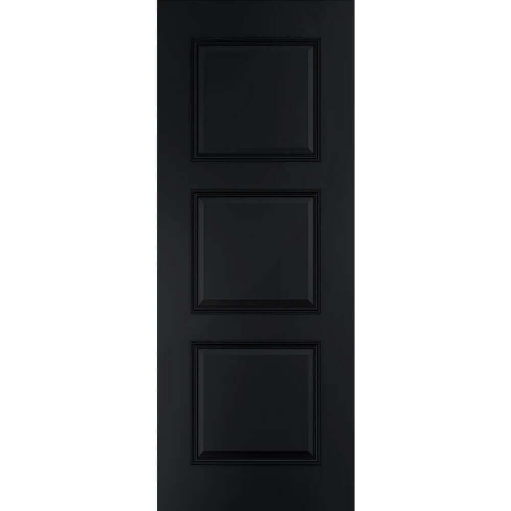 Product Trinity black prefinished internal door with three raised panels, front view