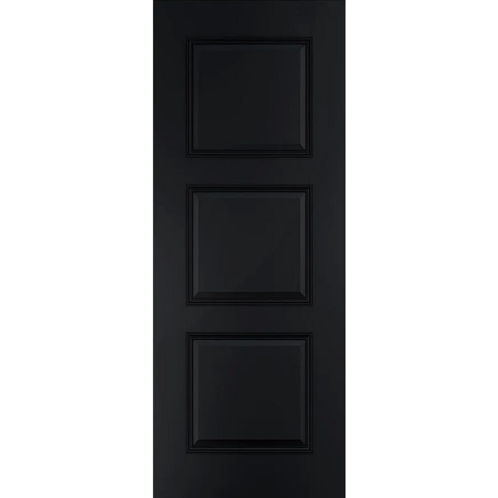 Black door with three square panels on a white background