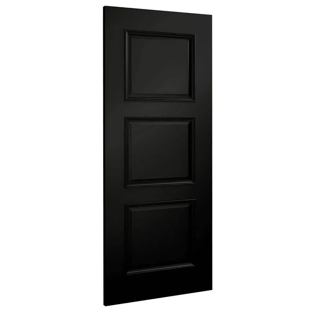 Black door with three square panels on a white background