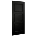 Black door with three square panels on a white background