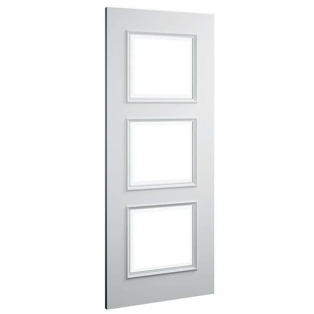 White door with three square glass panels on a white background
