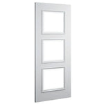 White door with three square glass panels on a white background