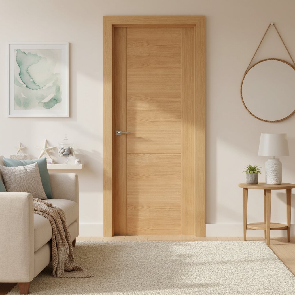 Lifestyle oak Vancouver five-panel internal door in a bright contemporary living room