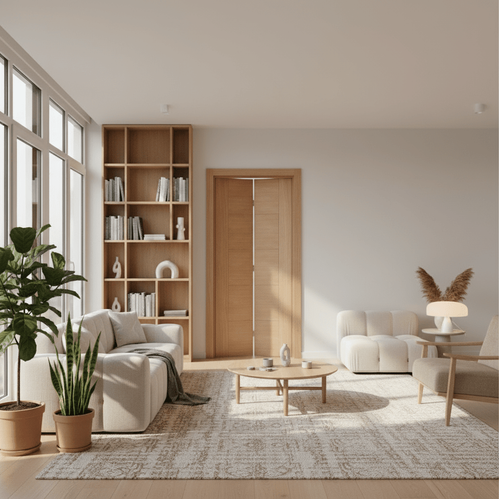 Lifestyle Vancouver oak prefinished bifold door with five horizontal panels in a room setting