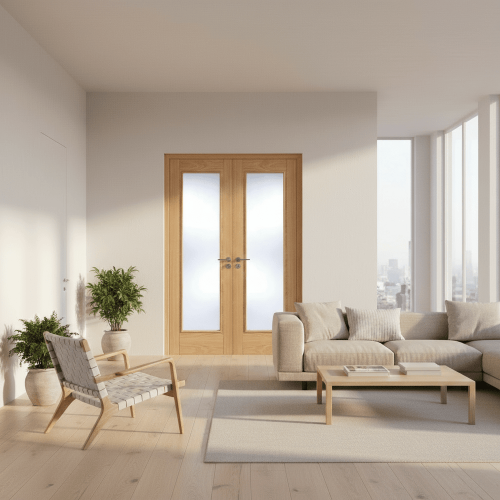 Lifestyle Vancouver prefinished oak clear glazed internal door pair in a room setting