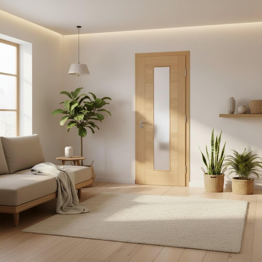 Lifestyle prefinished oak Vancouver long-light glazed door in a soft neutral living room