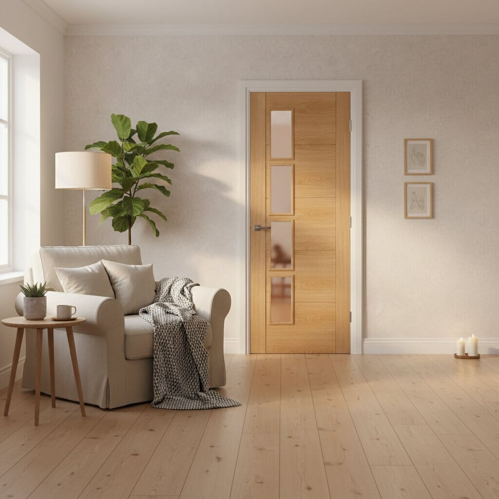 Lifestyle prefinished oak Vancouver offset glazed door in a bright living room