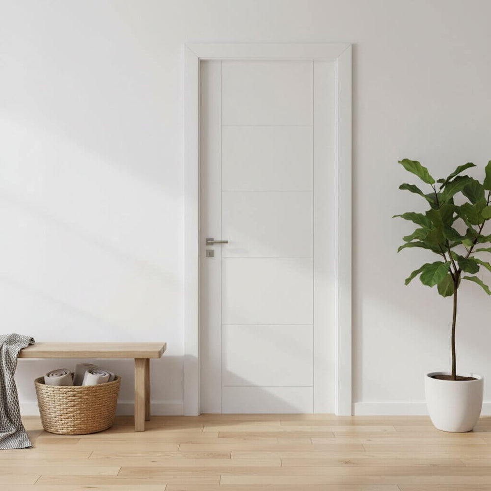 Lifestyle Vancouver white primed internal door with five horizontal panels in a minimalist room