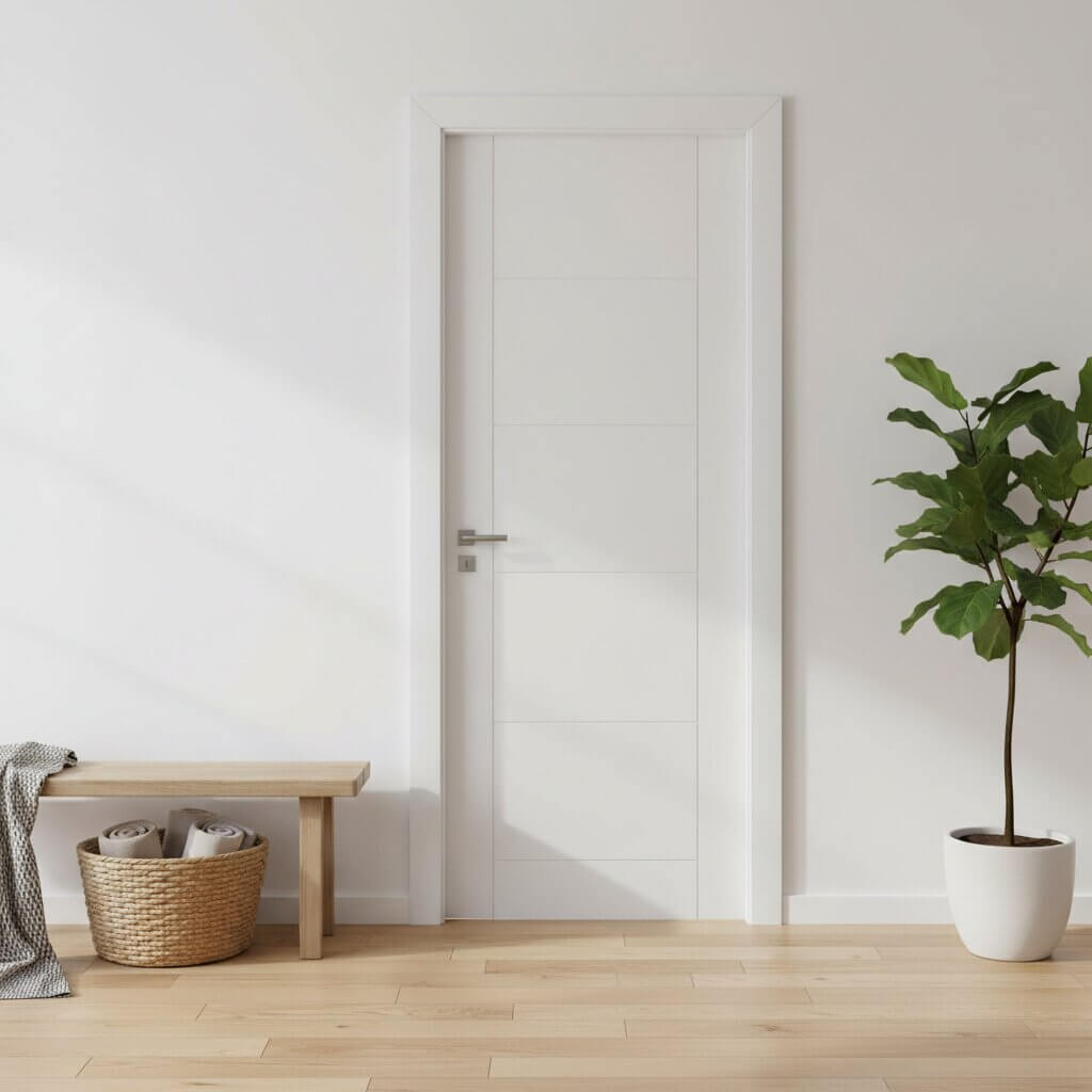 Minimalist interior with a white door, wooden bench, and potted plant.