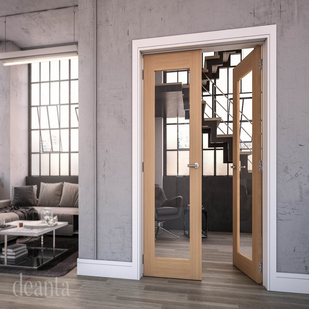 Walden Clear Glazed Panel Oak Door - Lifestyle Image 1