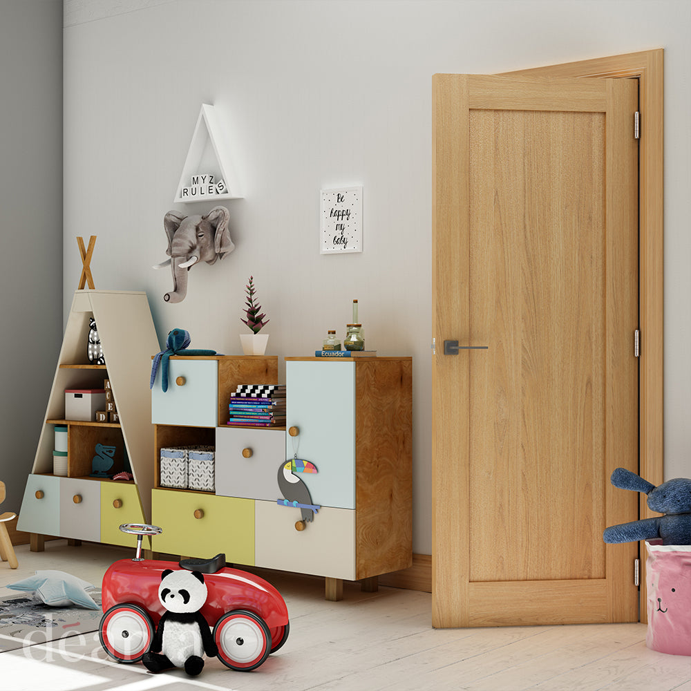 Lifestyle Walden oak internal door with three vertical panels in a home interior