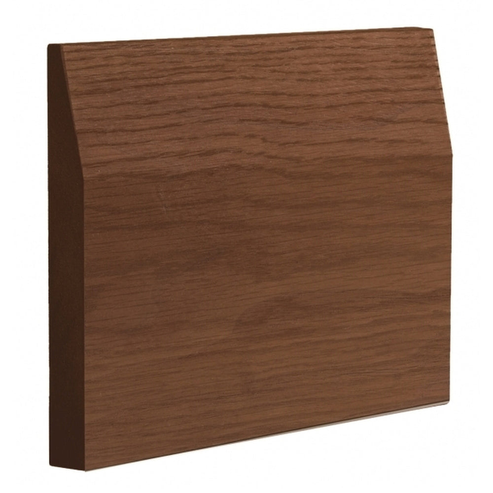 Product walnut veneer half splayed skirting board profile close-up