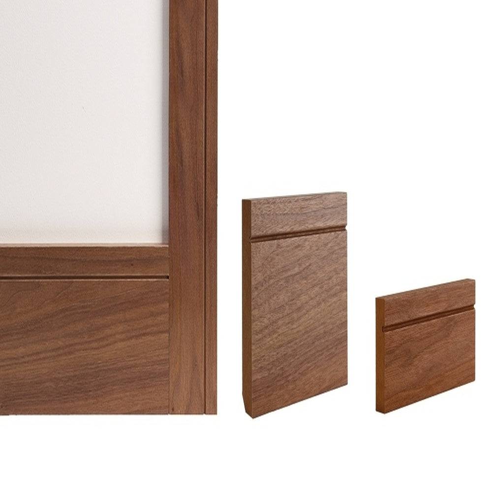 Lifestyle walnut veneer shaker skirting boards installed beside a door frame