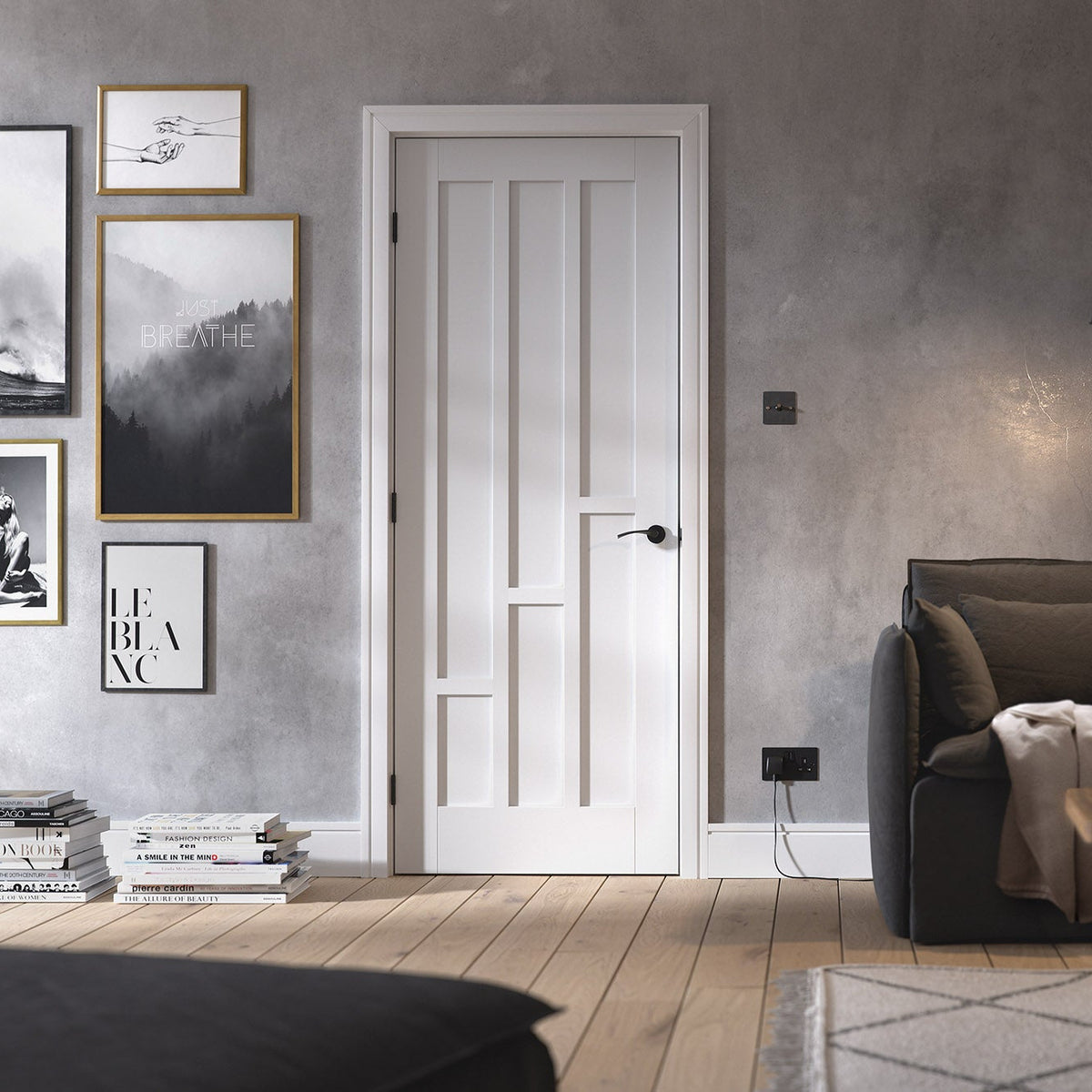 Lifestyle white Coventry internal door in a bright room with pale walls
