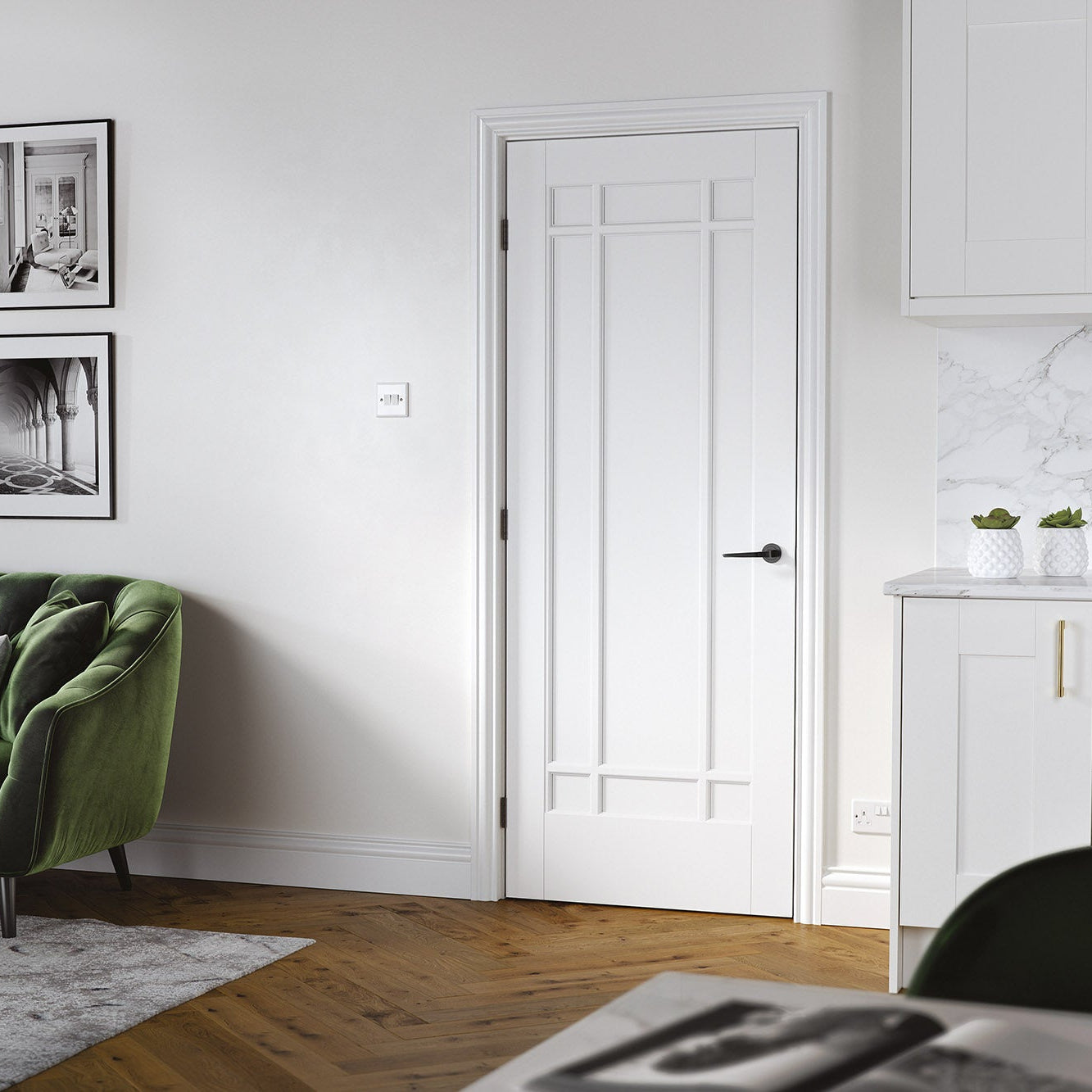 Lifestyle white Manhattan internal door with decorative panel moulding in a modern room