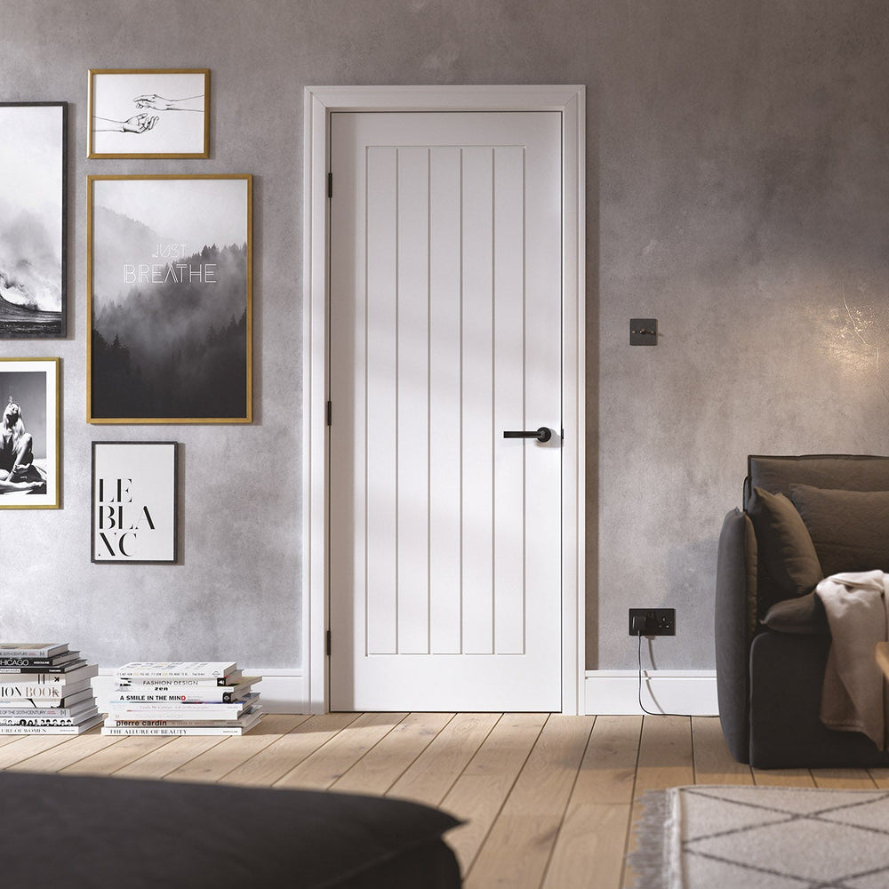Lifestyle white Mexicano internal door in a bright room with pale walls