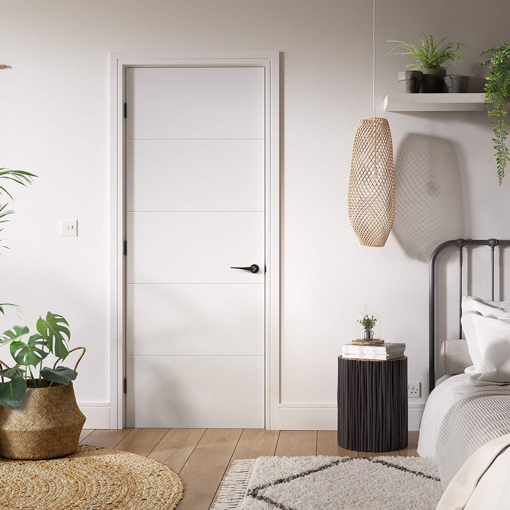 Lifestyle white primed Santandor internal door with horizontal grooves in a bedroom