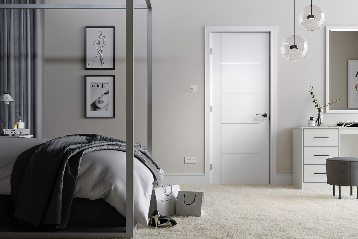 Lifestyle white Vancouver five-panel internal door in a stylish bedroom interior