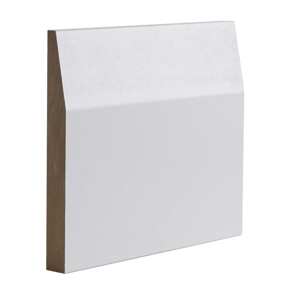Product white primed half splayed skirting board profile close-up