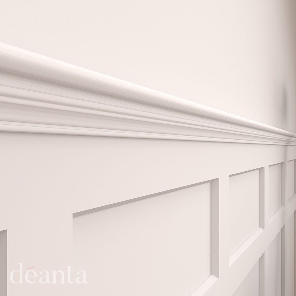 Lifestyle white primed Hampton wall panelling close-up with bullnose moulding