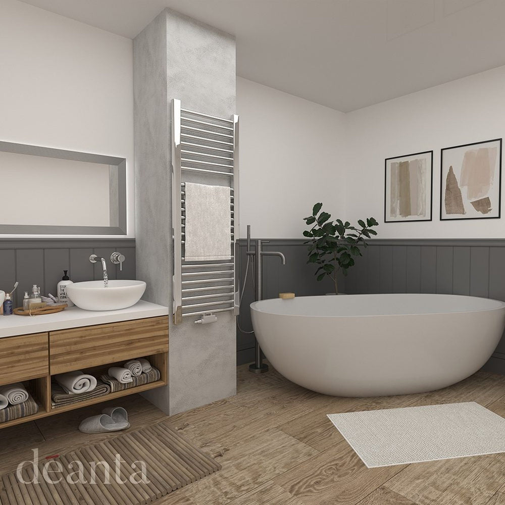 Lifestyle grey Madingley wall panelling installed around a modern bathroom