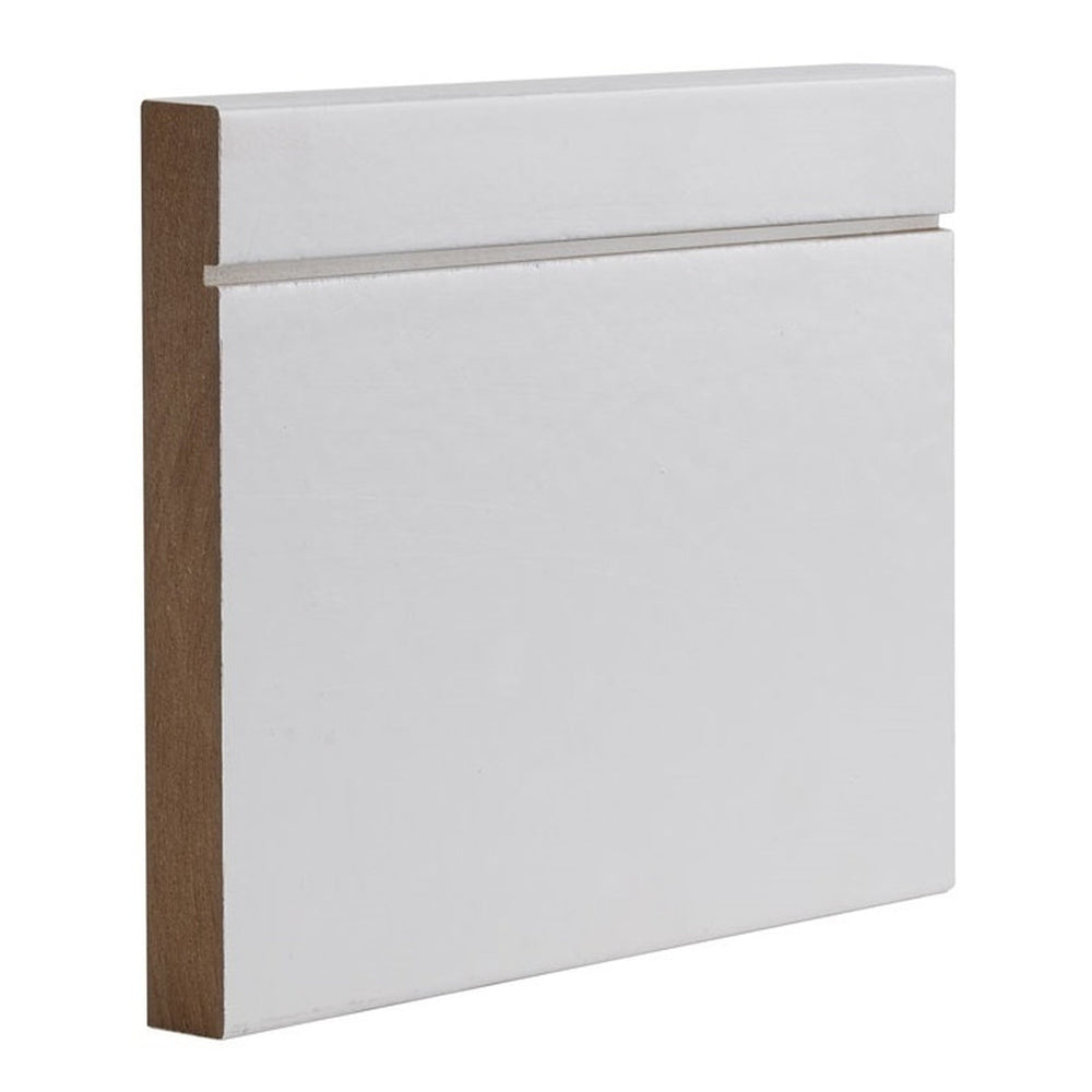 Product white primed Shaker skirting board profile close-up
