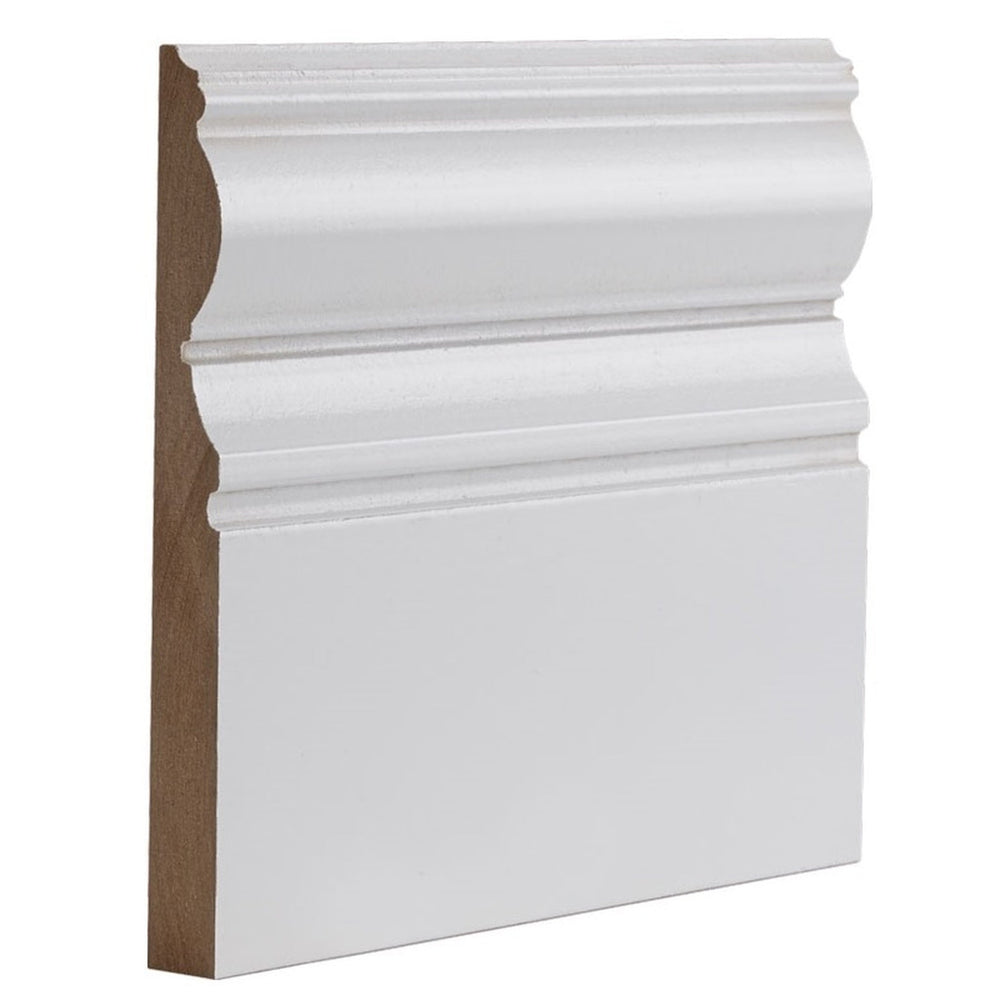 Product white primed Victoriana skirting board profile close-up