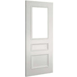 Product Windsor white primed FD30 glazed fire door with two lower panels, angled view