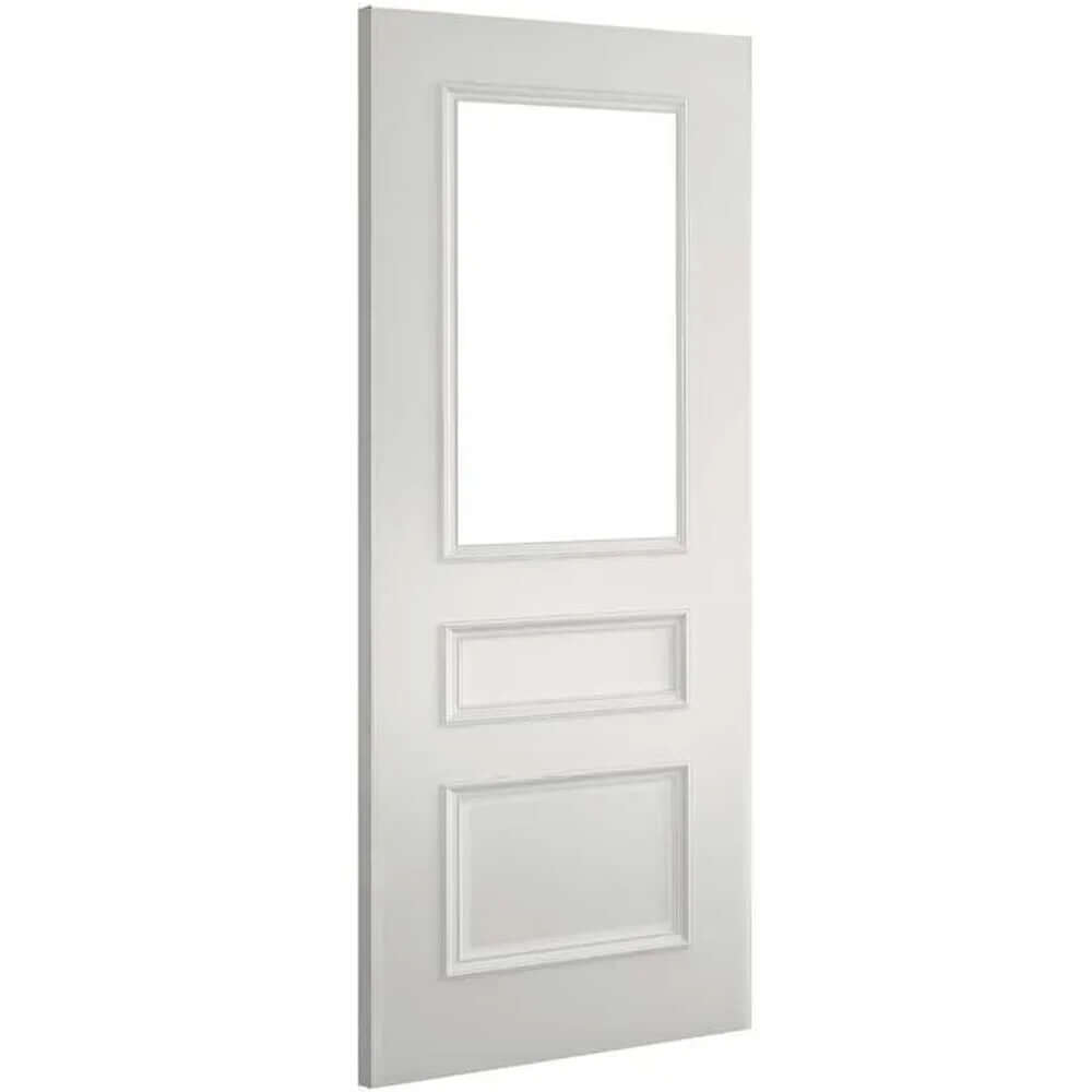 Product Windsor white primed FD30 glazed fire door with two lower panels, angled view
