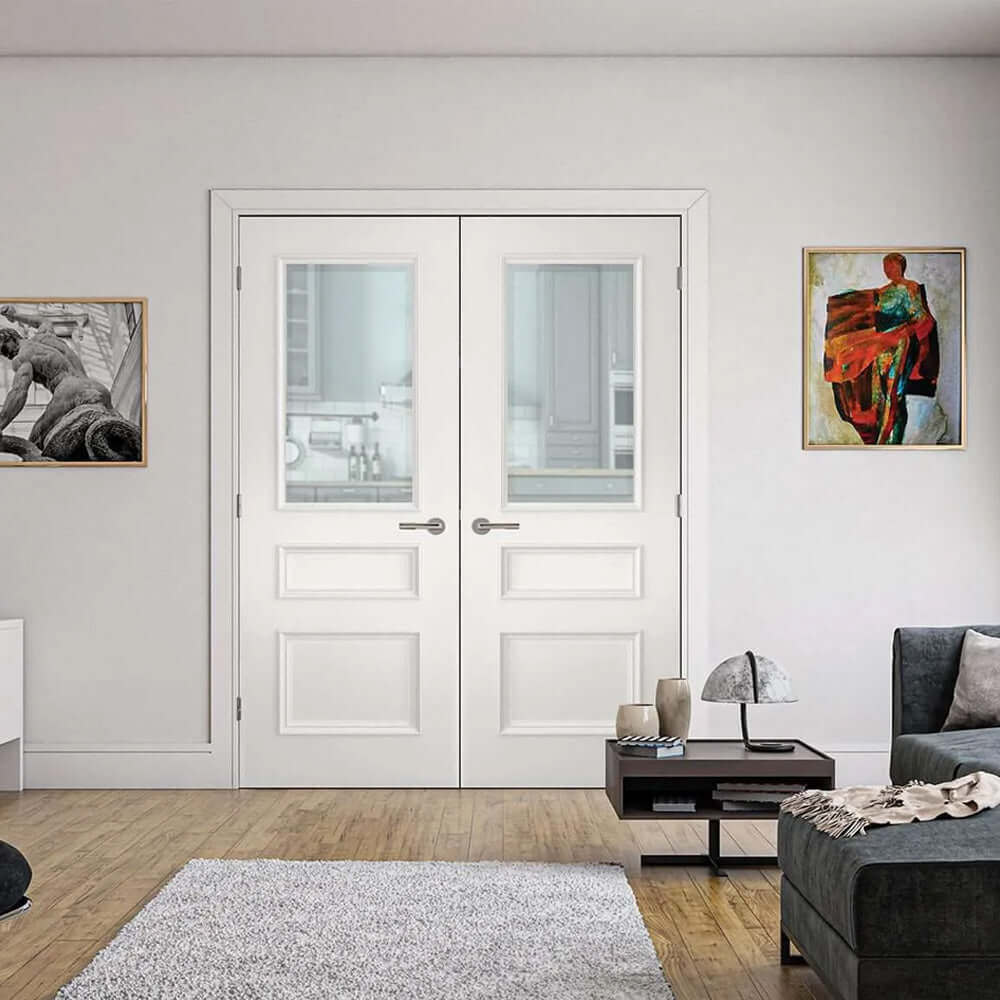Lifestyle Windsor white primed FD30 glazed fire double doors in a living room