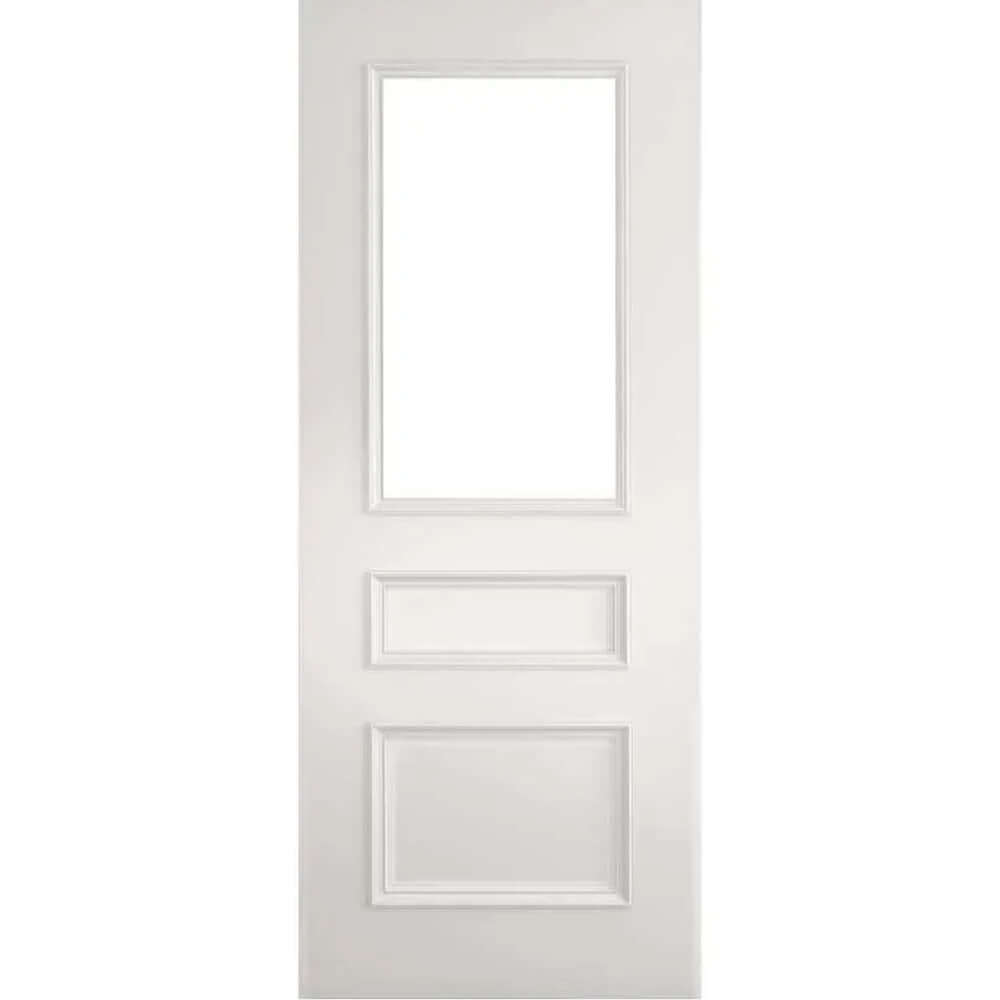 Product Windsor white primed FD30 glazed fire door with two lower panels, front view