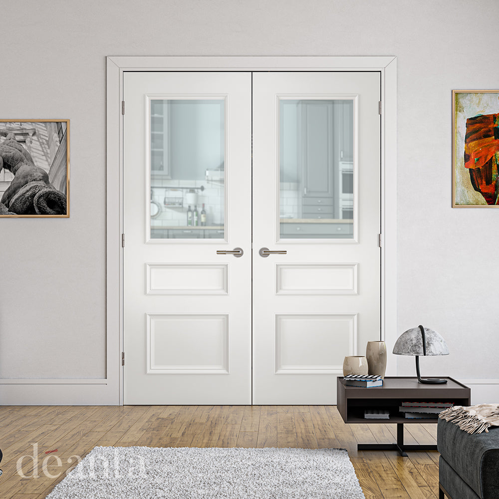 Lifestyle white primed glazed internal door in a bright interior
